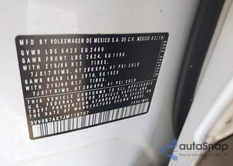 2018 Volkswagen Tiguan 2.0T S from USA, damaged, VIN 3VV0B7AX7JM118707